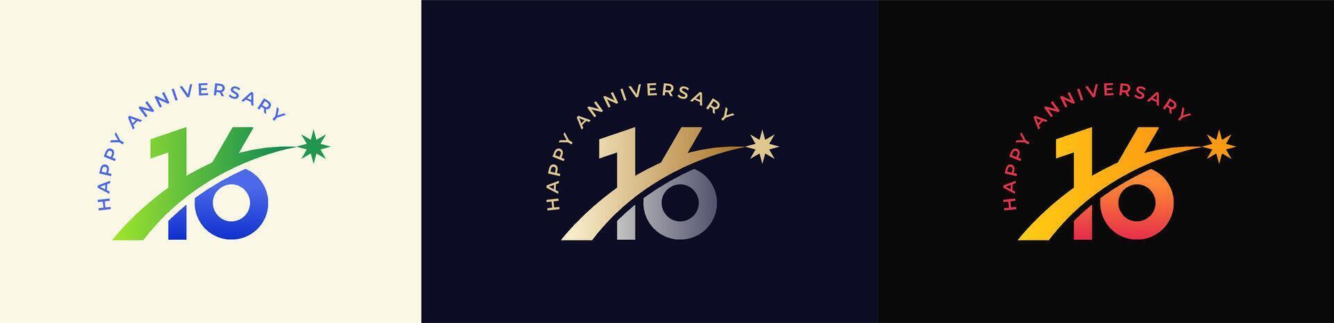 Logo Anniversary with Rising star 16th, 16th Happy Anniversary with Colorful Gradient, Luxury Gold and Silver. vector