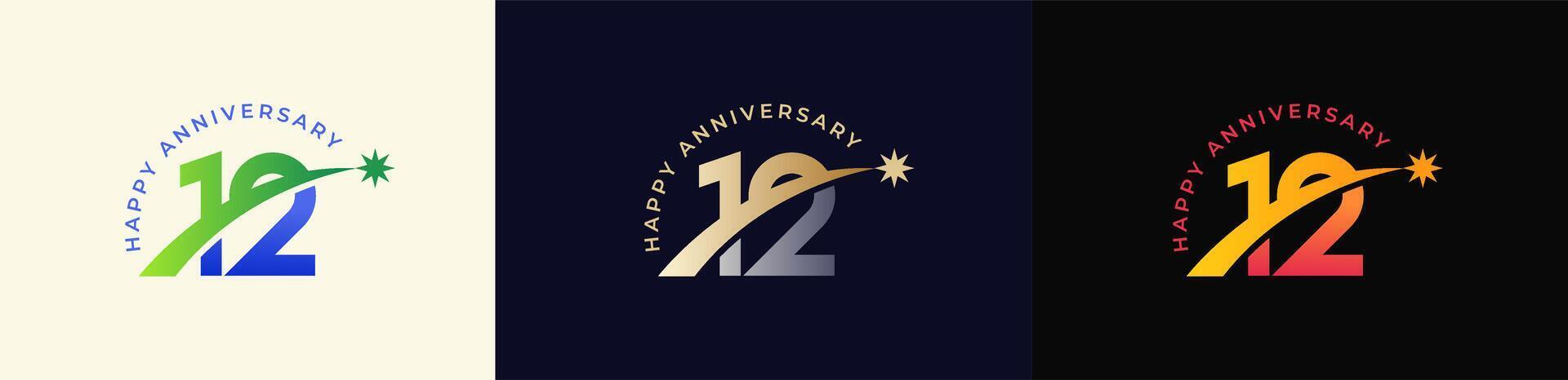 Logo Anniversary with Rising star 12th, 12th Happy Anniversary with Colorful Gradient, Luxury Gold and Silver. vector