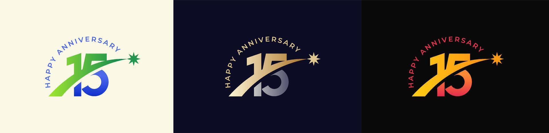 Logo Anniversary with Rising star 15th, 15th Happy Anniversary with Colorful Gradient, Luxury Gold and Silver. vector