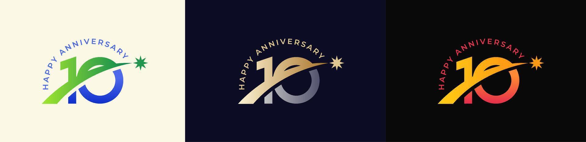 Logo Anniversary with Rising star 10th, 10th Happy Anniversary with Colorful Gradient, Luxury Gold and Silver. vector