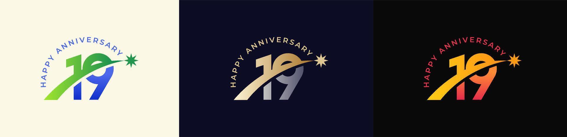 Logo Anniversary with Rising star 19th, 19th Happy Anniversary with Colorful Gradient, Luxury Gold and Silver. vector