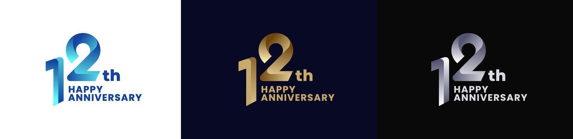 Abstract Twist Logo Anniversary 12th, 12th Happy Anniversary with Colorful Gradient, Luxury Gold and Elegant Silver. Editable file vector