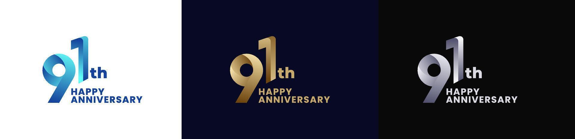 Abstract Twist Logo Anniversary 91th, 91th Happy Anniversary with Colorful Gradient, Luxury Gold and Elegant Silver. Editable file vector