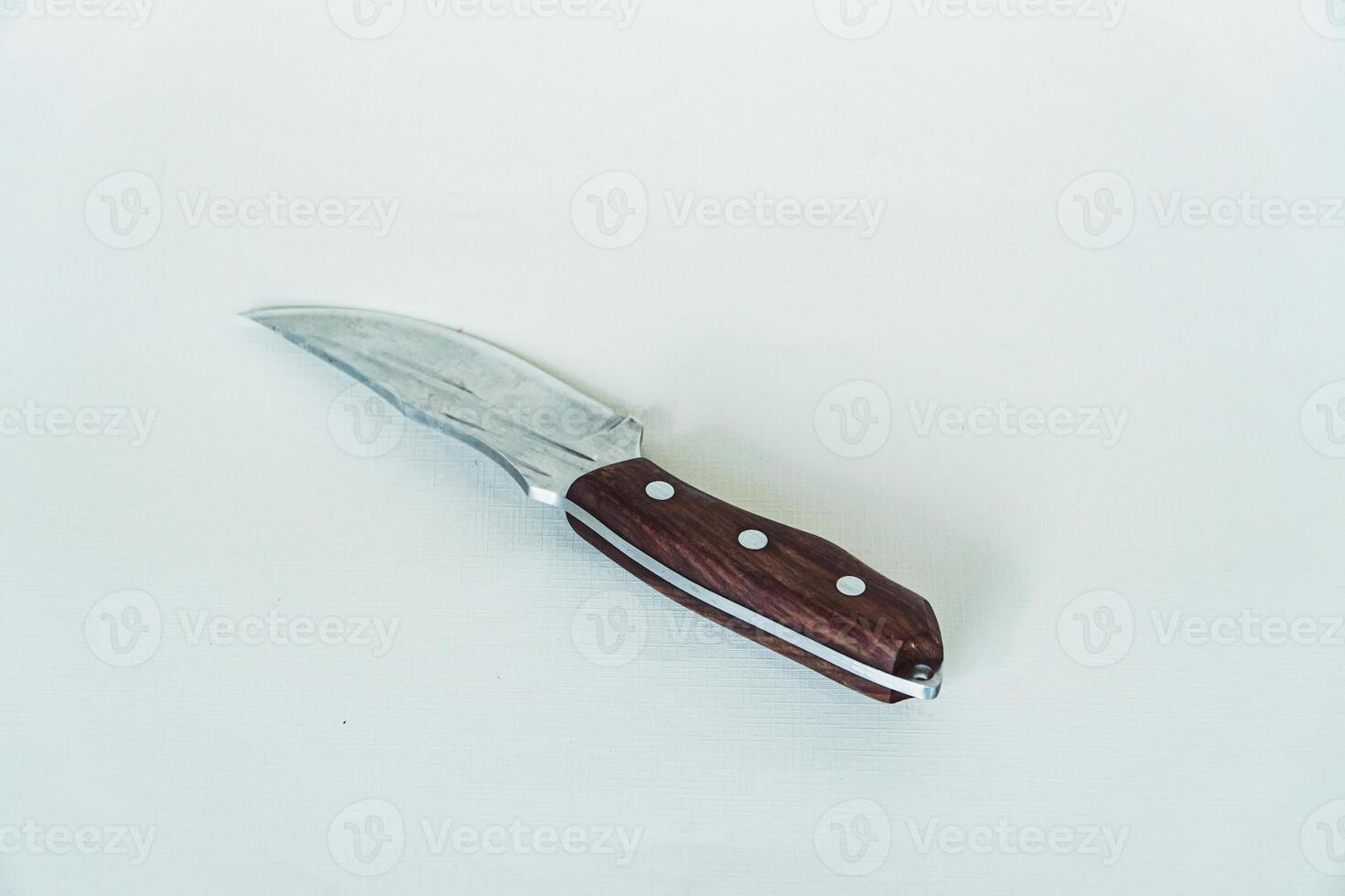 Close up of an adventure and bushcraft knife using a wooden handle. Knife with a sharp stainless steel blade with a wooden handle, perfect for outdoor adventures and bushcraft activities photo