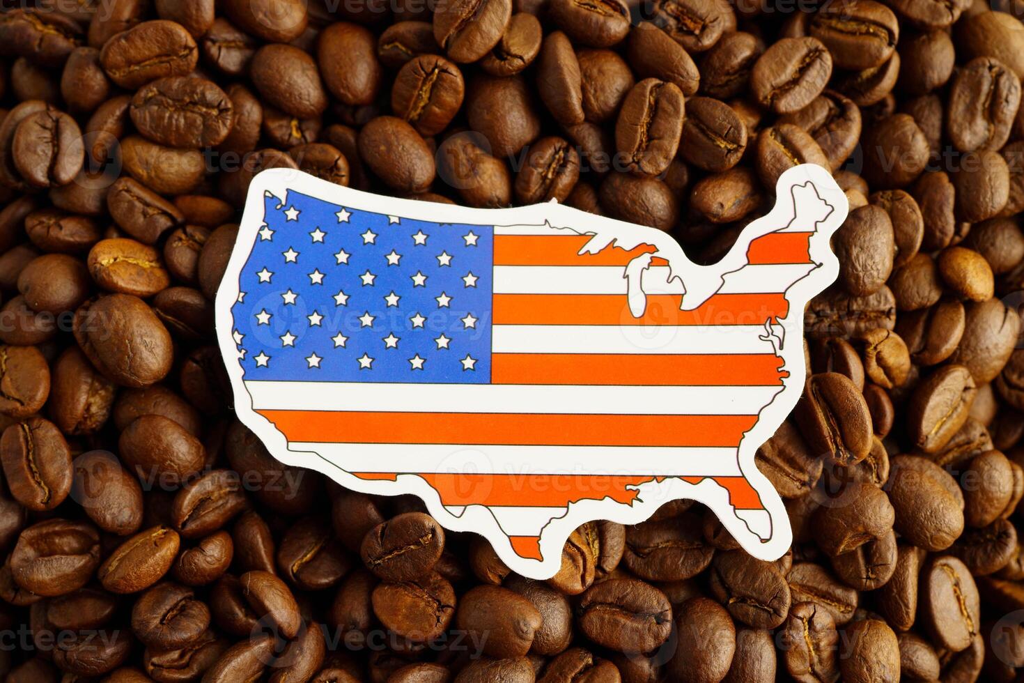 America flag on coffee beans, shopping online for export or import food product. photo