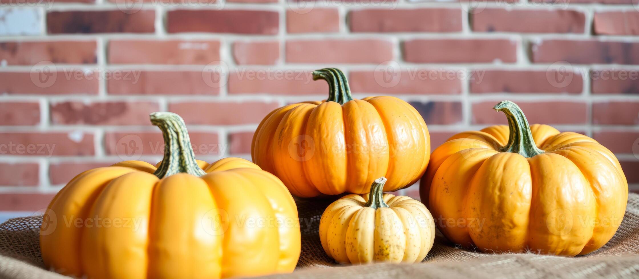 Four Pumpkins On Rustic Burlap Against Brick Wall photo
