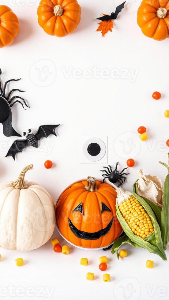 Halloween pumpkins and corn on a white background photo