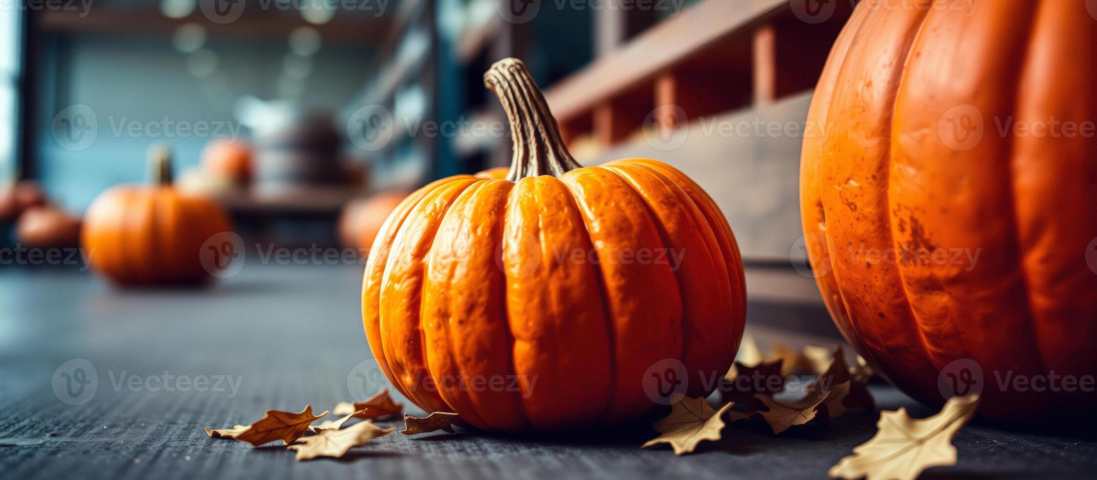 Pumpkin on a wooden table with leaves photo