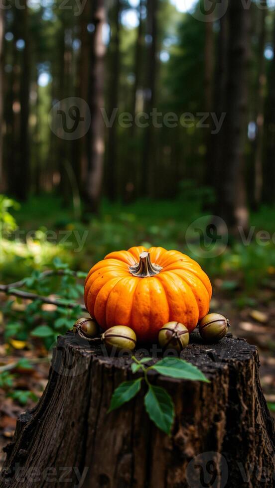 Pumpkin and Nuts on a Tree Stump in the Forest photo