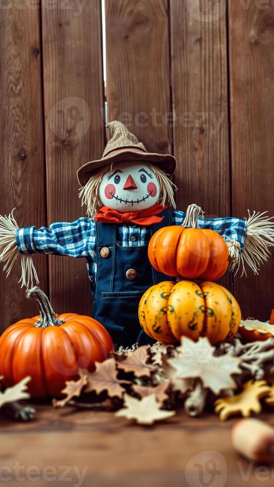 Scarecrow with Pumpkins and Autumn Leaves photo
