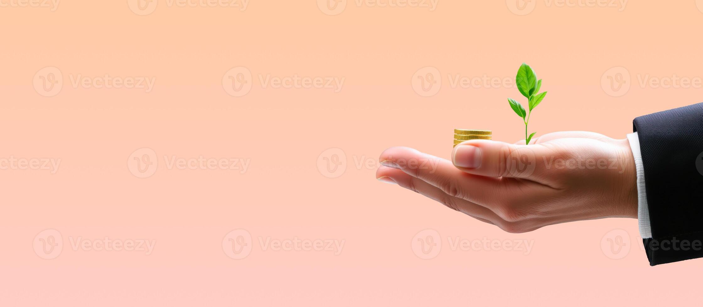 Hand Holding a Growing Plant on a Stack of Coins photo