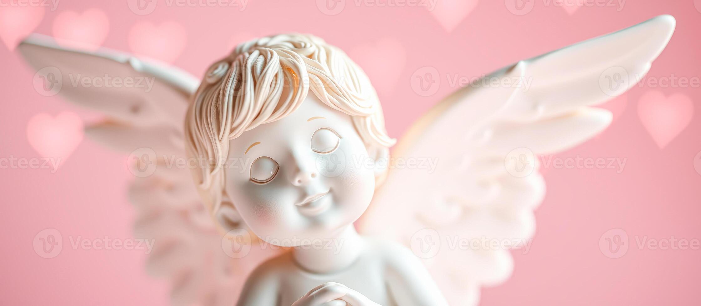Angel figurine with wings against pink background with heart shapes photo