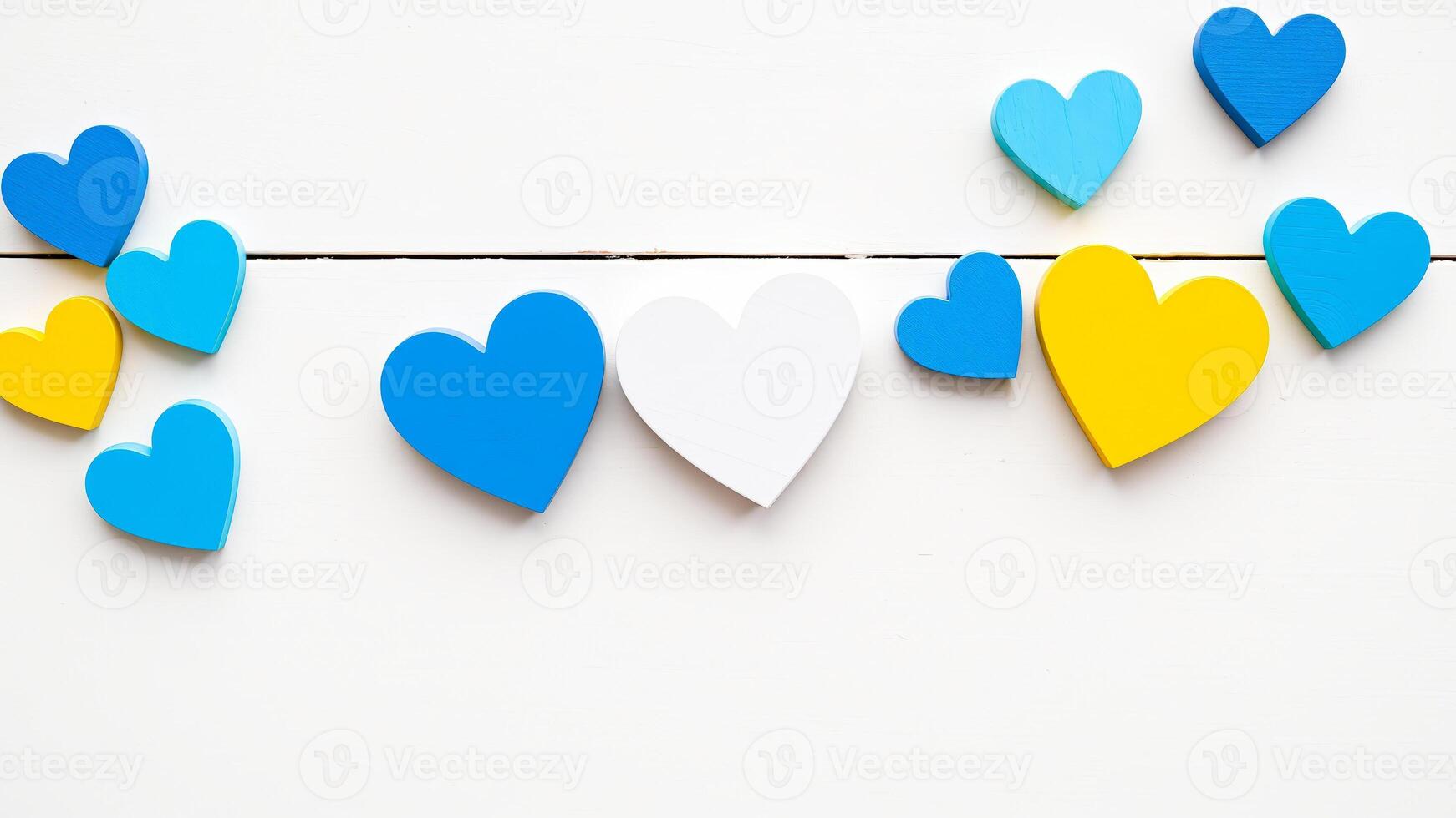 Colorful Hearts on White Wooden Background photo