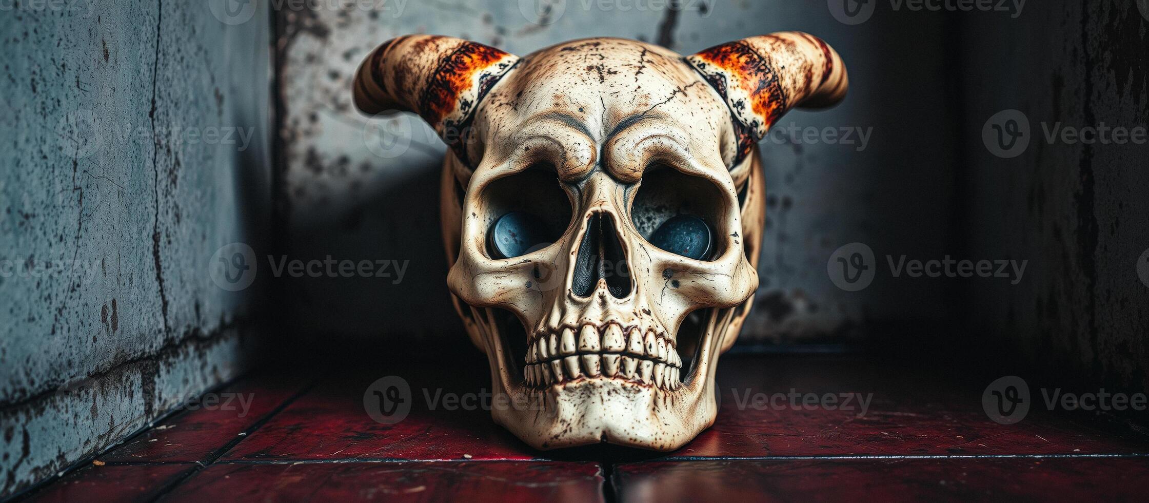 Demonic Skull with Horns in a Dark Setting photo