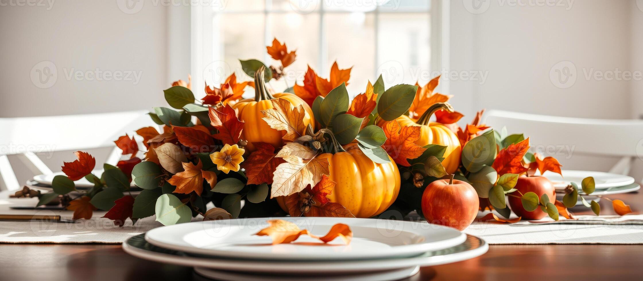 Autumnal Table Setting with Pumpkins and Apples photo