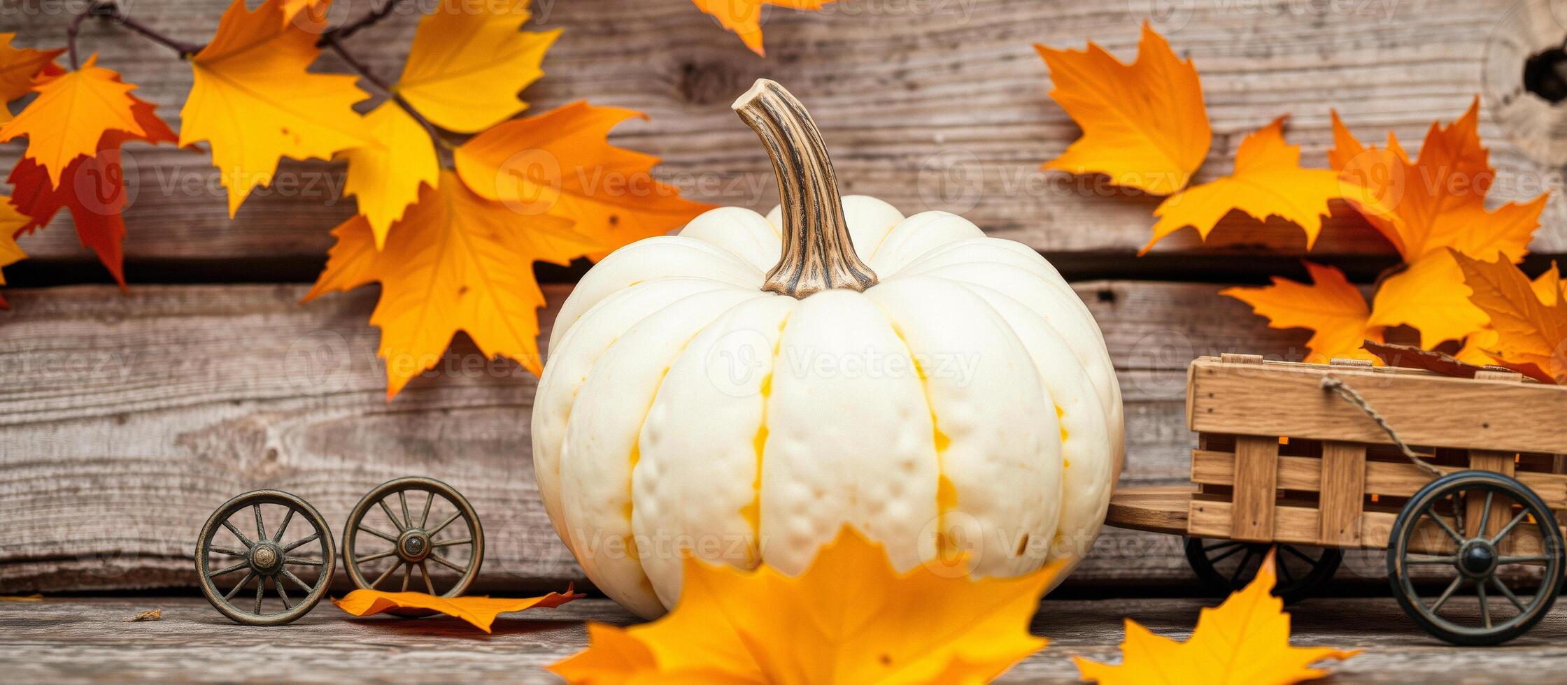White Pumpkin with Fall Leaves on Wooden Background photo