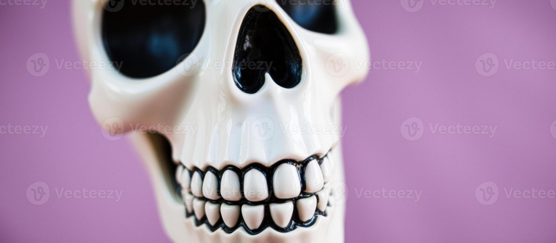 Closeup of a White Skull with Black Eyes and Teeth on a Purple Background photo