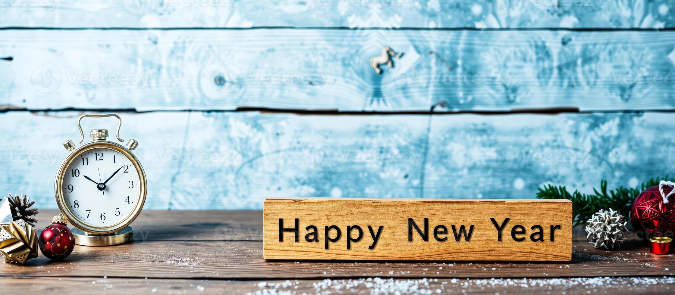 Happy New Year Sign with Clock and Decorations photo