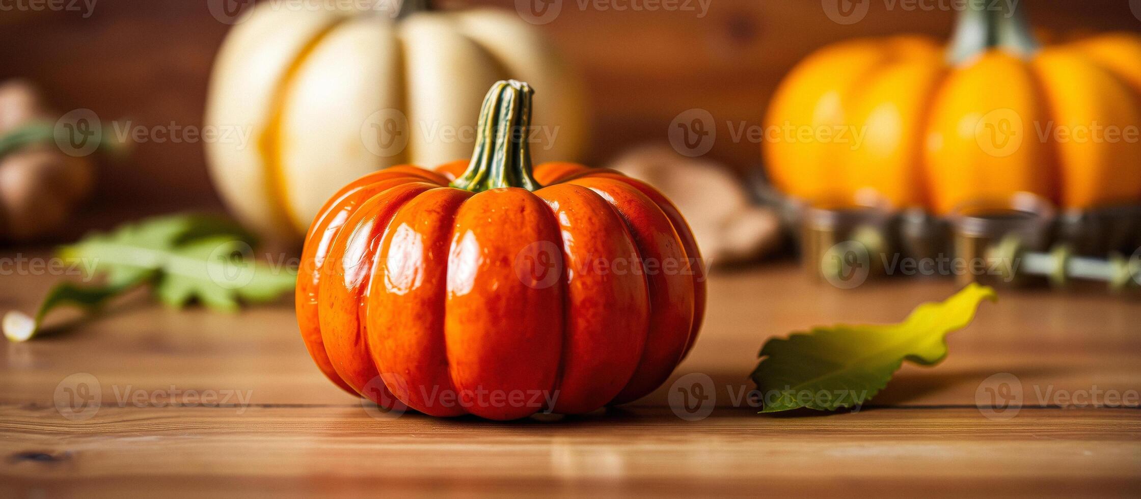 Closeup of a small orange pumpkin on a wooden table photo