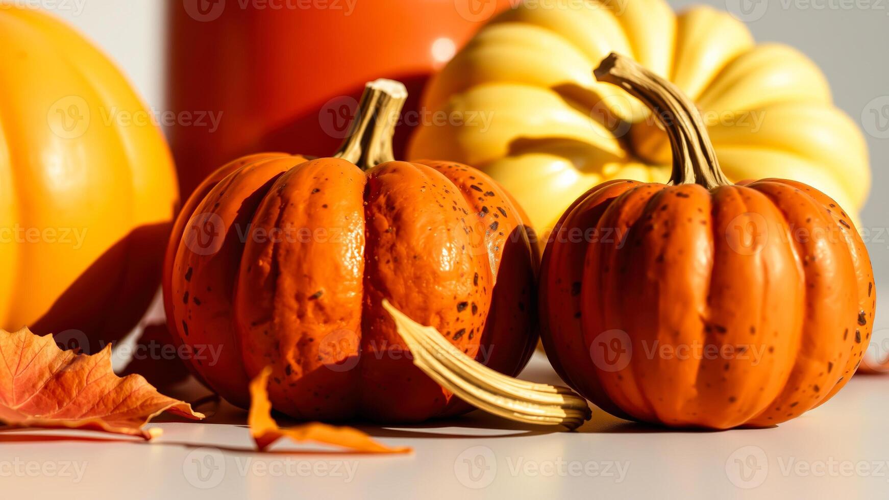 Orange and Yellow Pumpkins with Autumn Leaf photo