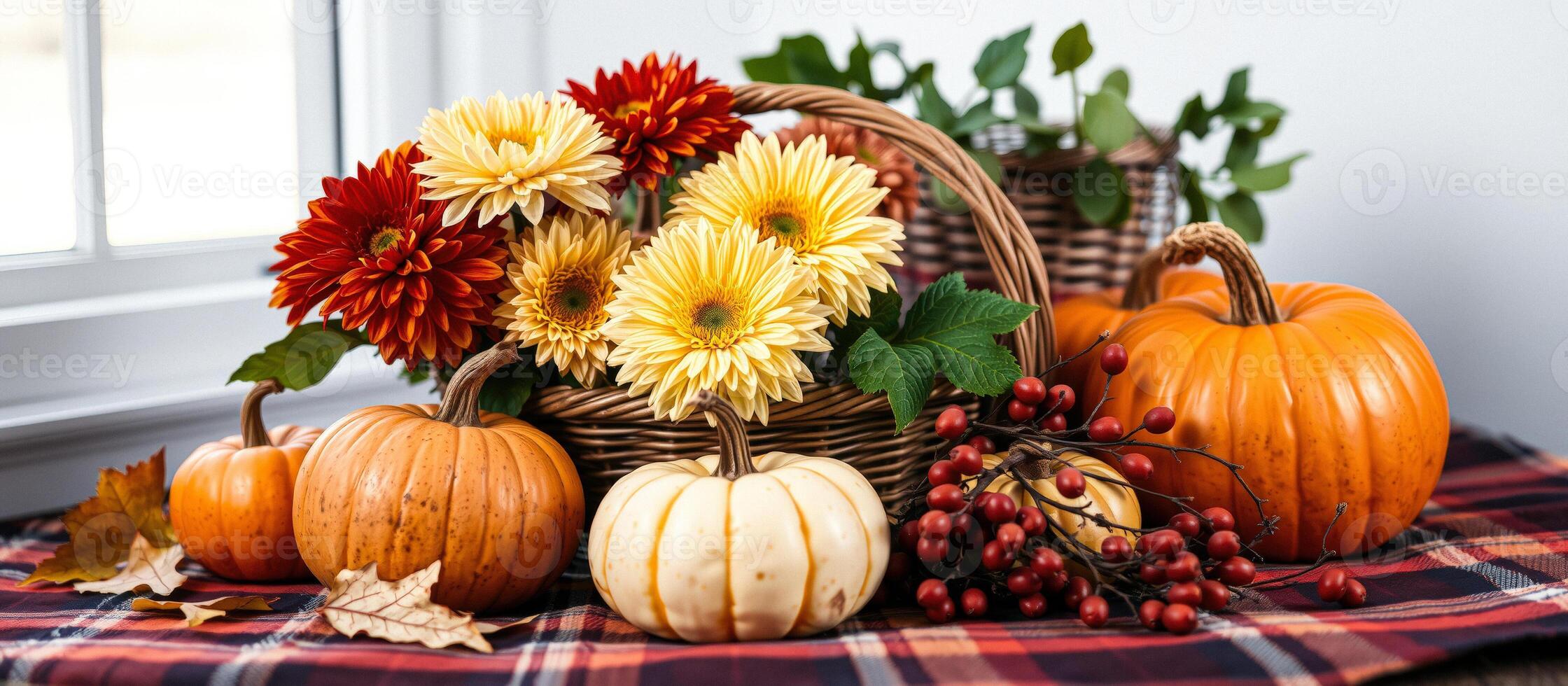 Autumnal Still Life with Pumpkins and Flowers photo