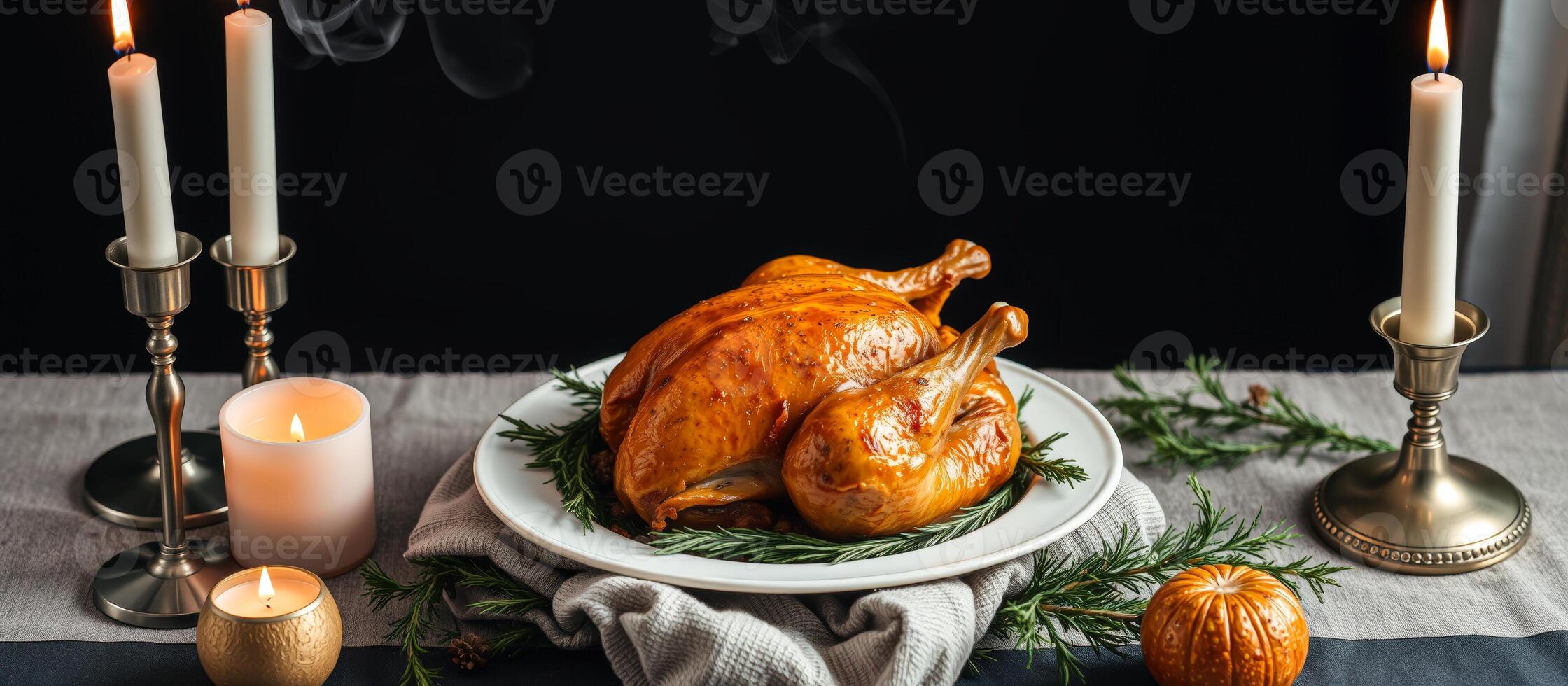 Roasted Chicken with Candles and Pumpkins on a Table photo