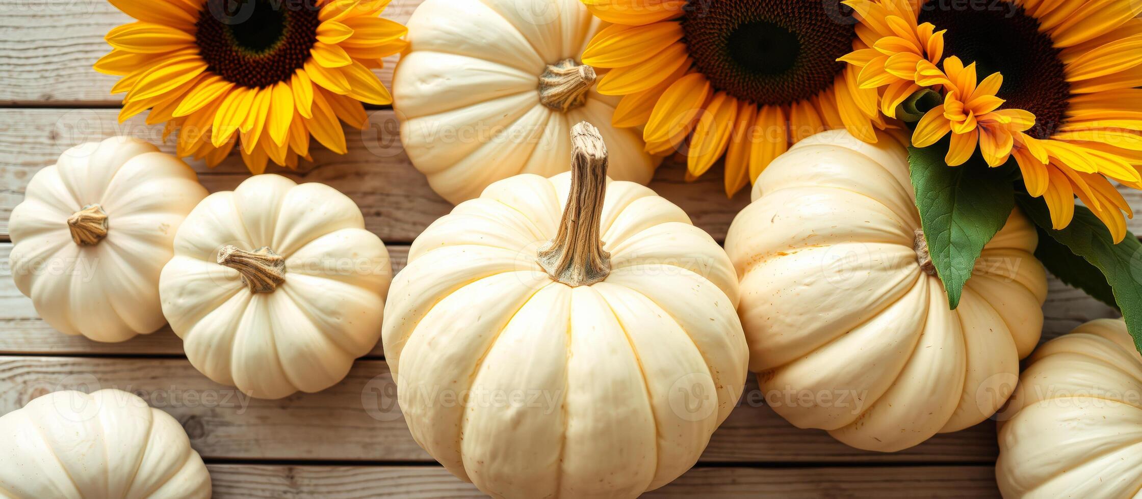 White Pumpkins and Sunflowers on Wooden Background photo