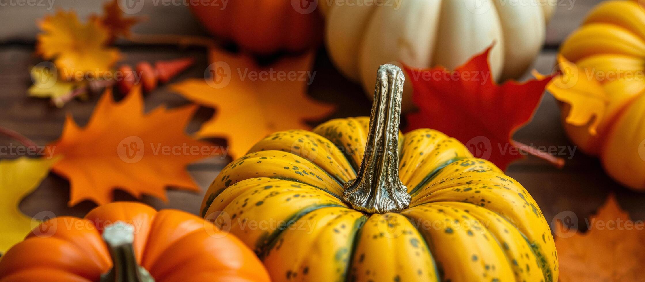 Close Up of Pumpkins with Fall Leaves photo