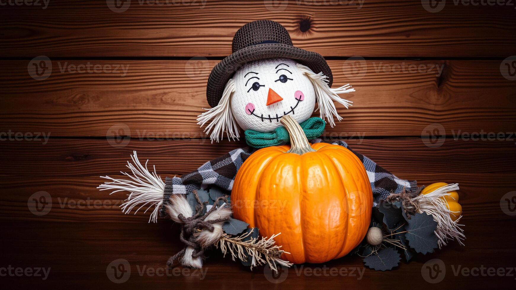Scarecrow Holding a Pumpkin on Wooden Background photo