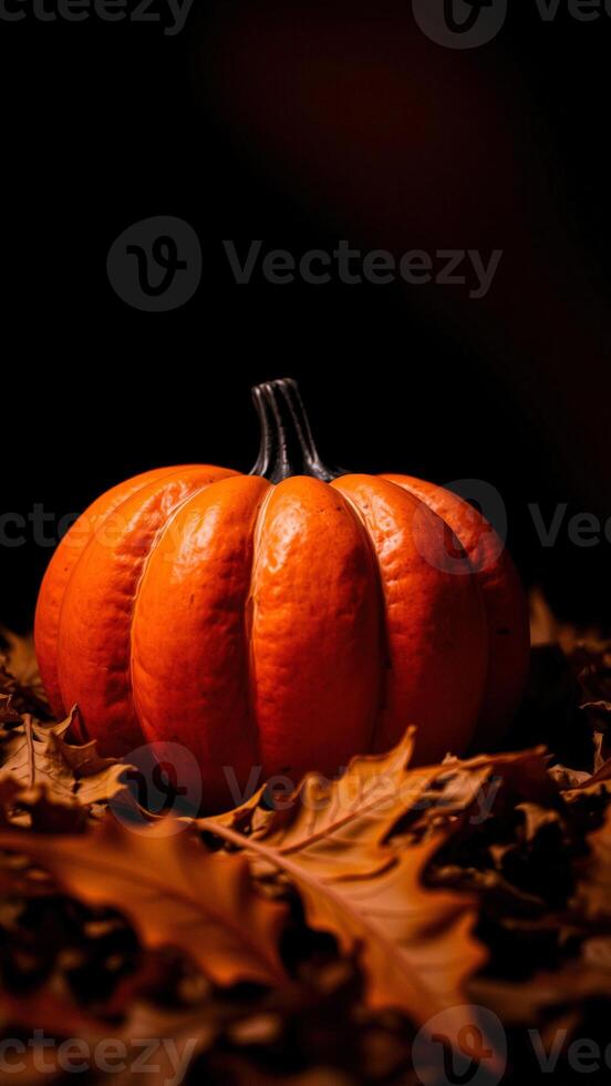 Single Pumpkin Sitting on Fall Leaves photo