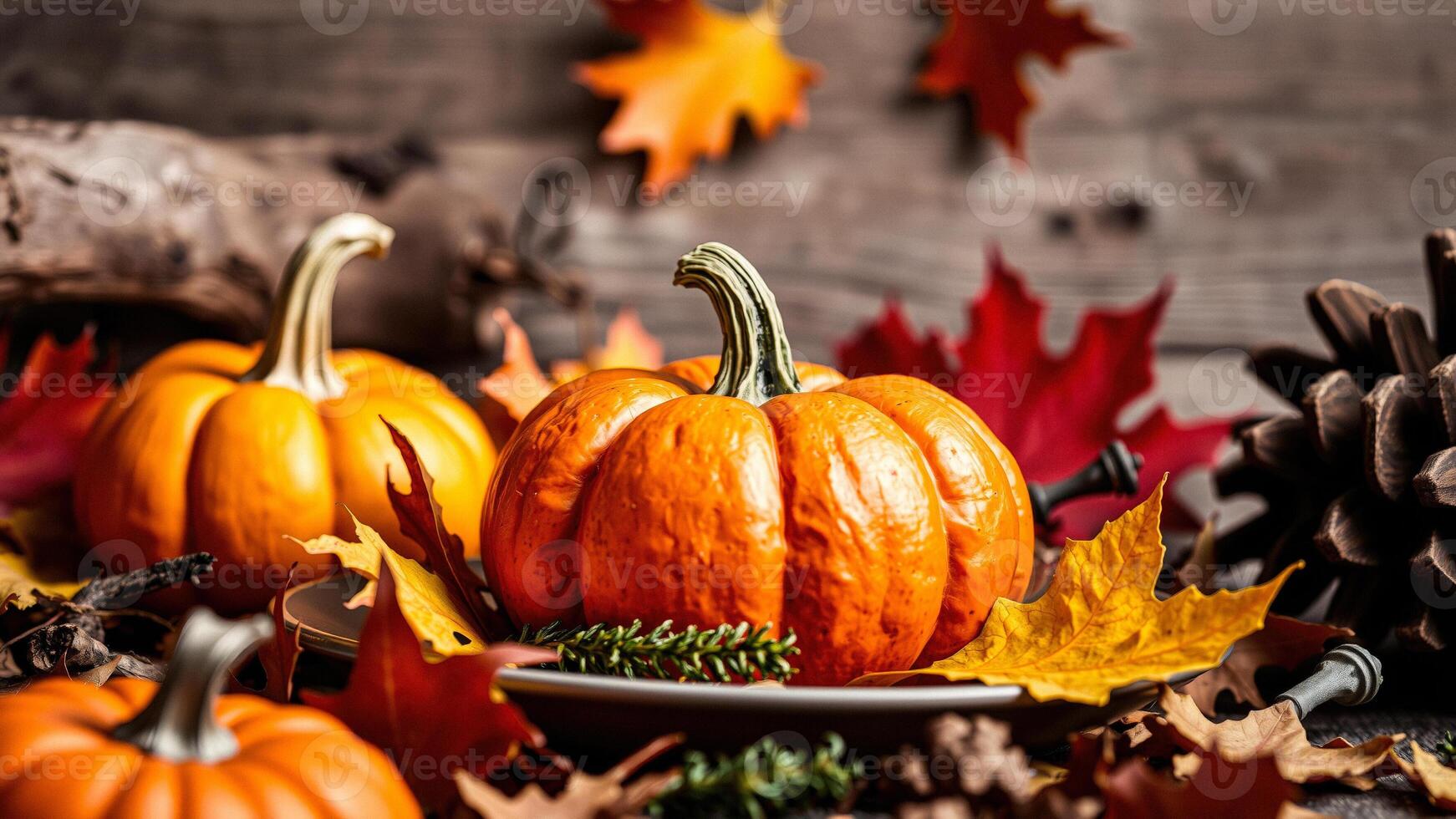 Autumnal Pumpkins and Leaves photo