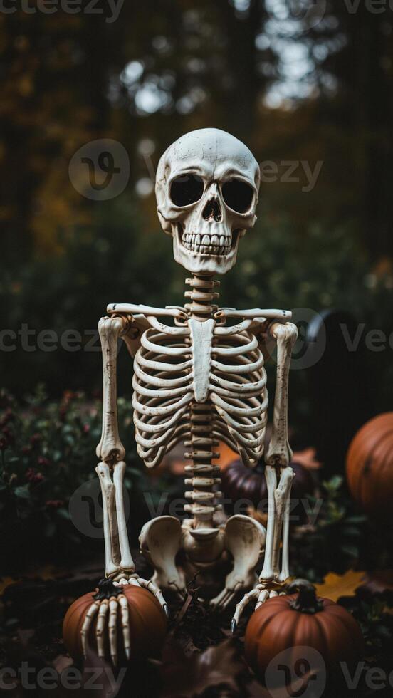 Skeleton Holding Pumpkins photo
