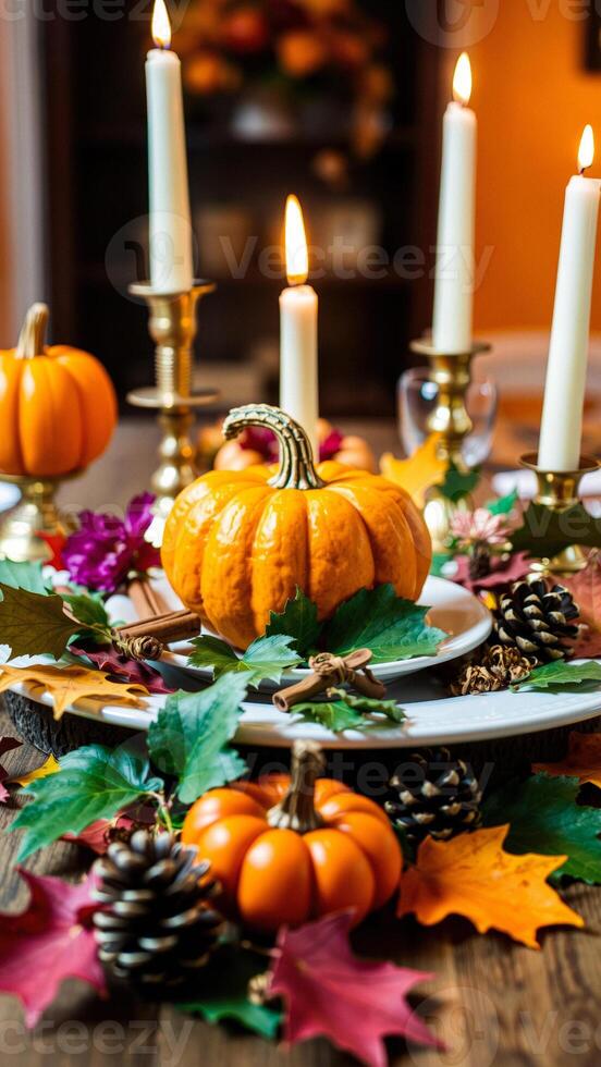 Autumnal Table Setting with Pumpkins, Candles, and Fall Foliage photo