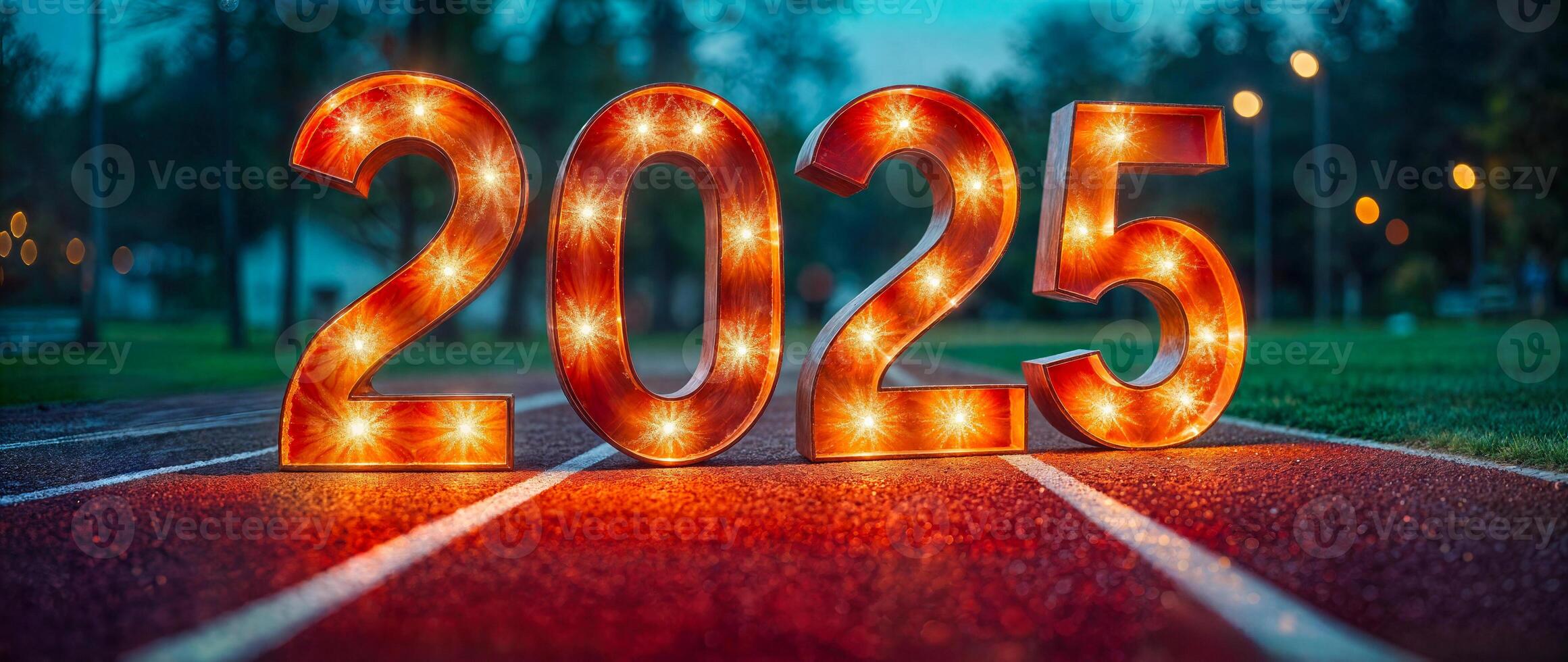 illuminated 2025 on a running track photo