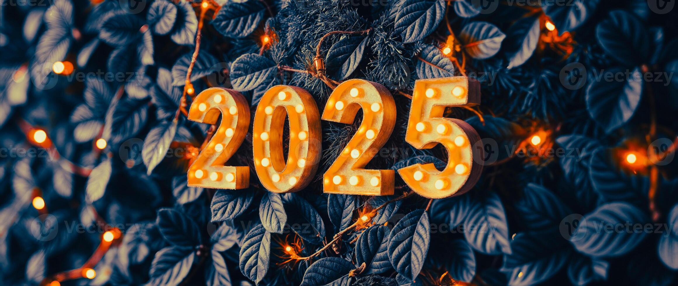 golden 2025 number lights on dark greenery photo