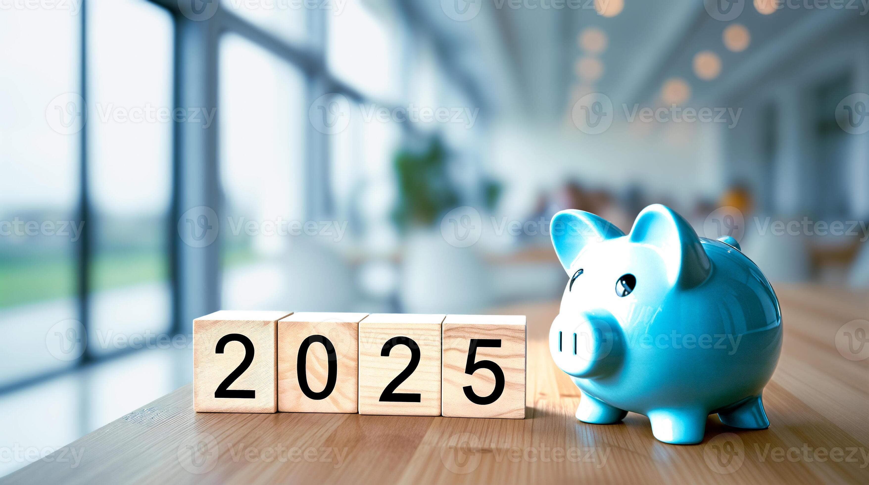 Light Blue Piggy Bank 2025 Wooden Blocks Represent Financial Planning Light Blue Piggy Bank 2025 Wooden Blocks Represent Financial Planning The Coming Year Photo
