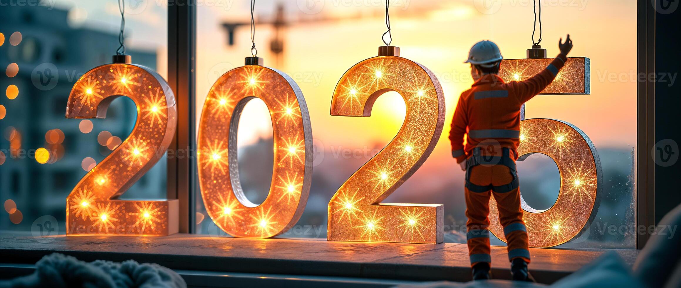 person safety gear adds the final number the illuminated 2025 display against a sunset cityscape. photo