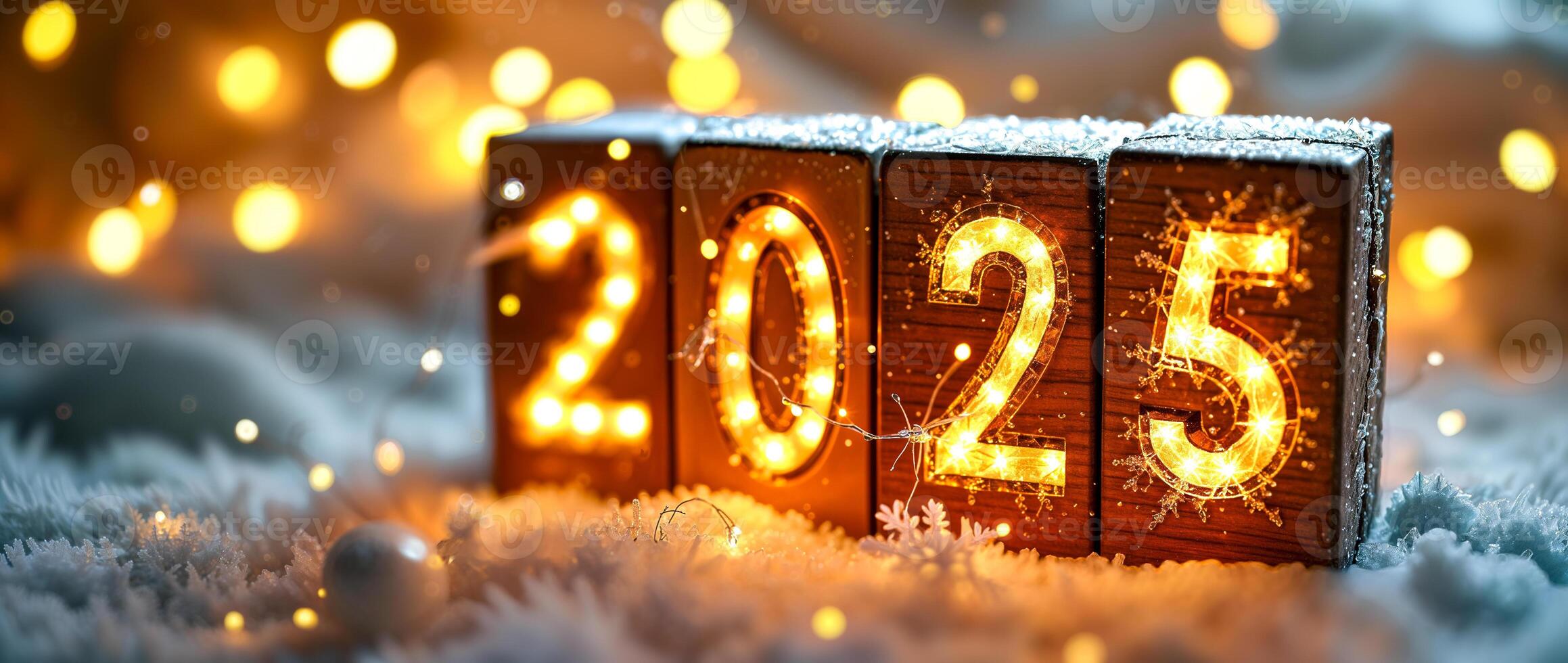 illuminated wooden number blocks displaying 2025 photo