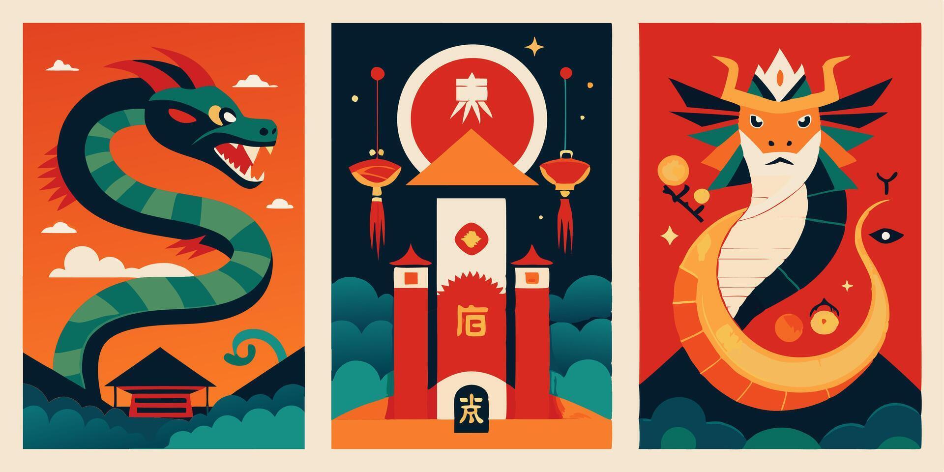 Chinese new year banner set with dragon, dragon tower, and dragon king vector