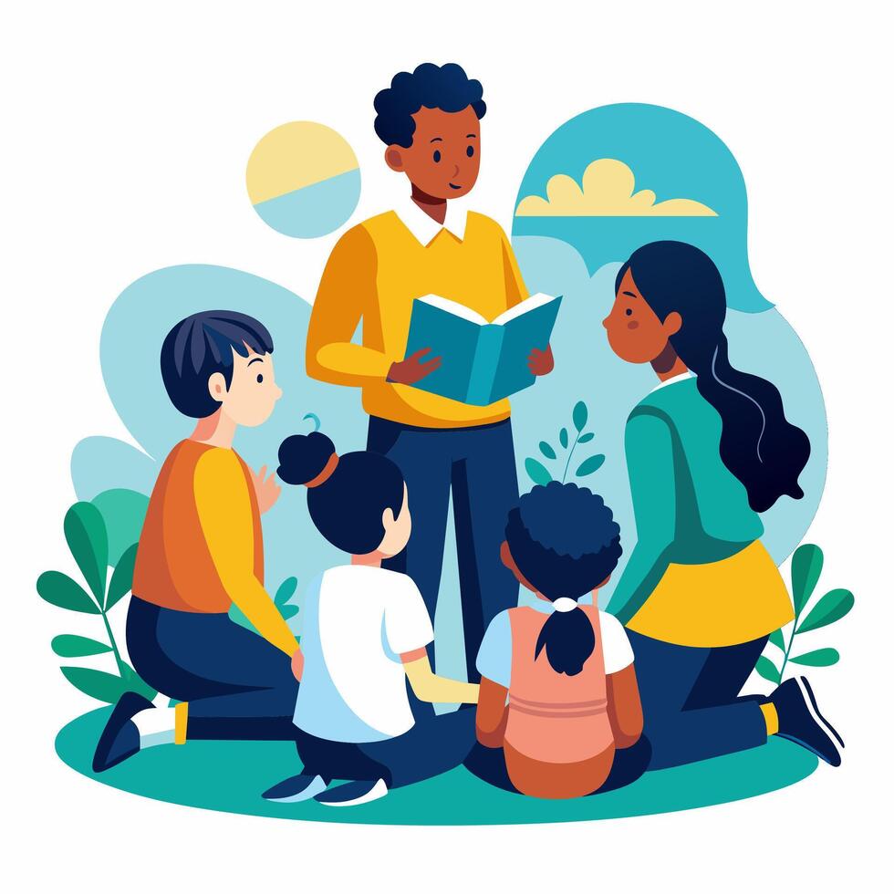 Children reading book to each other in the park vector