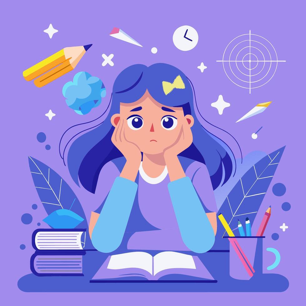 A girl is sitting at a desk with books and a pencil vector