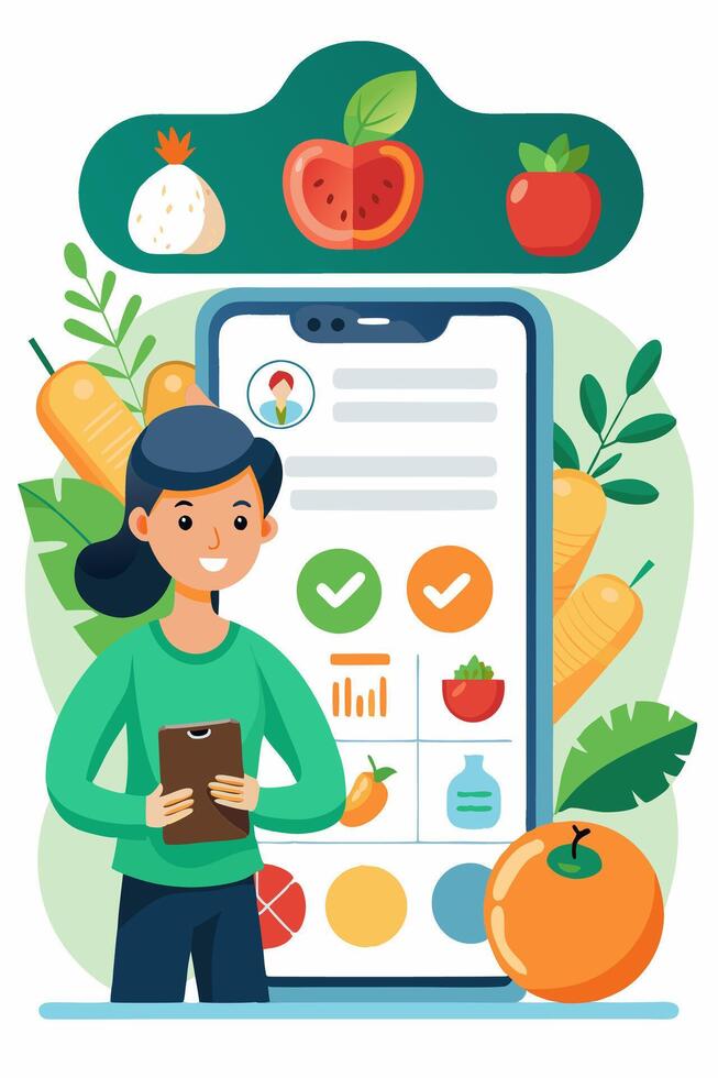 A woman is using a smartphone to check her food intake vector