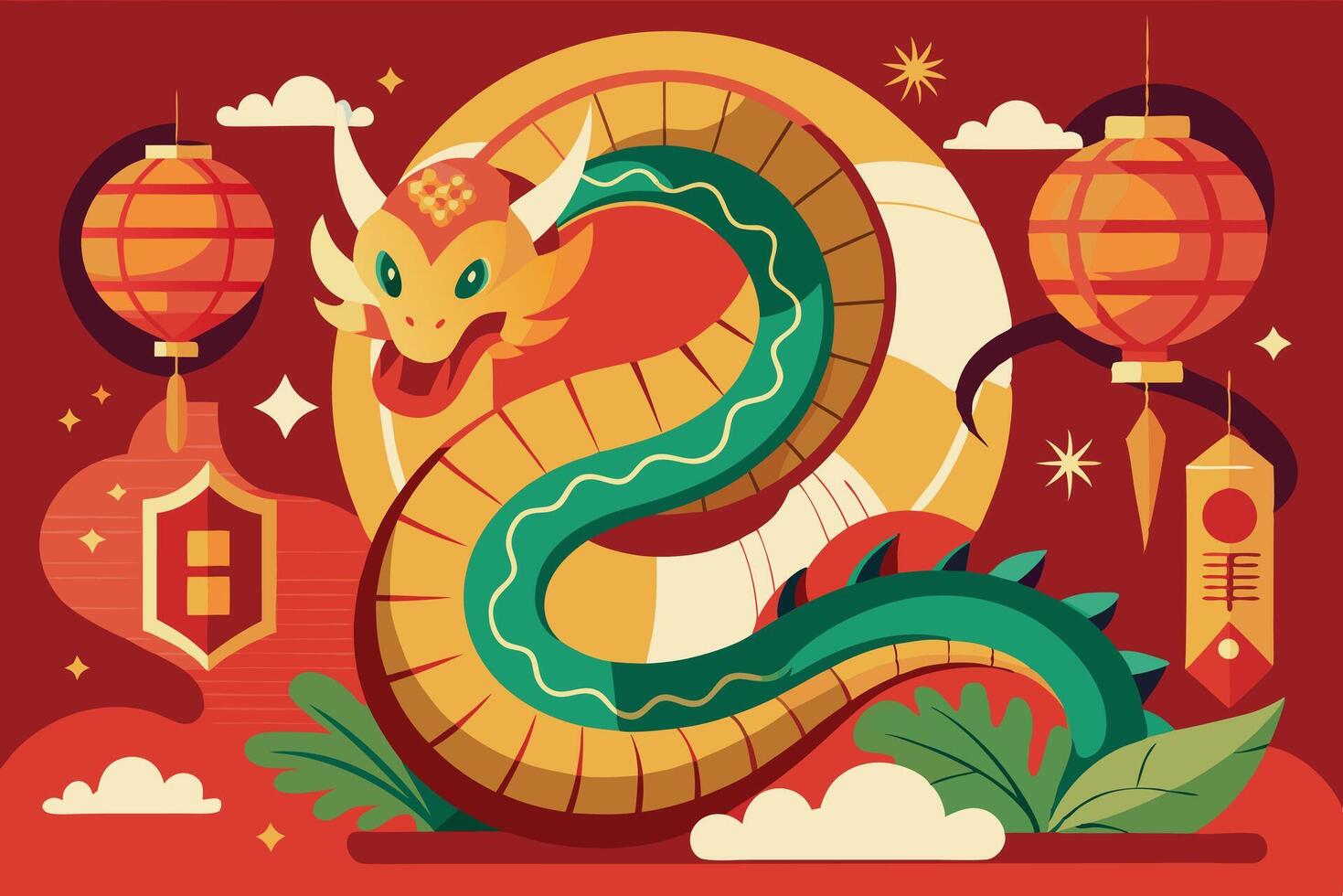 Chinese new year illustration with dragon and lanterns vector