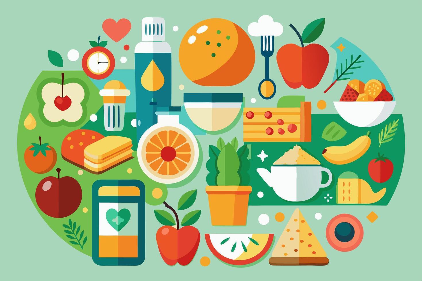 Healthy food and drinks icons in a circle vector