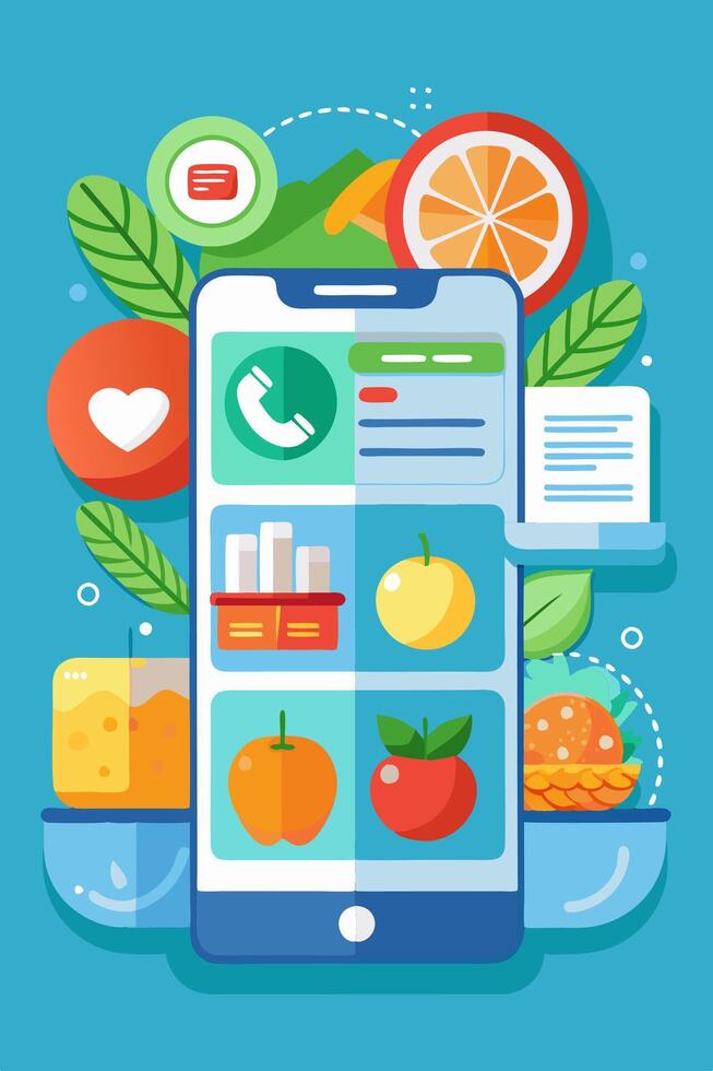 Smartphone with healthy food and drink vector