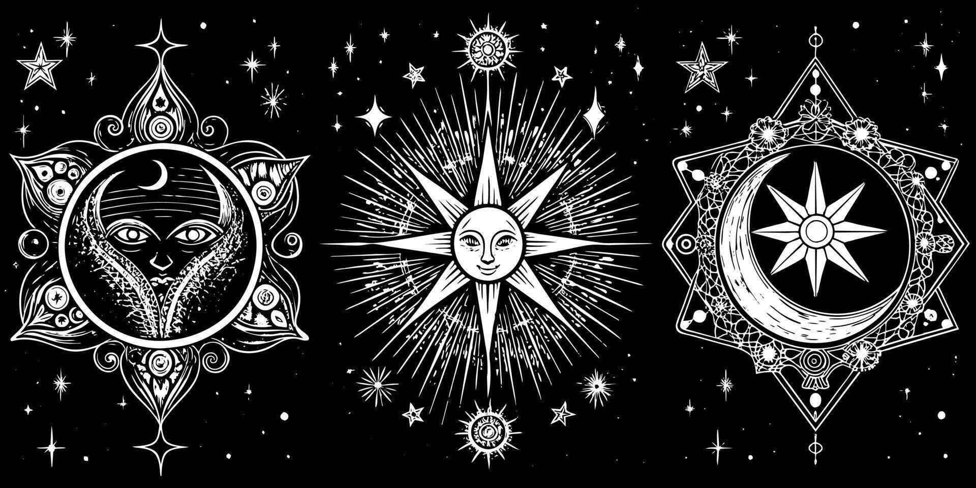 Three different suns, moon and stars in a black and white design vector