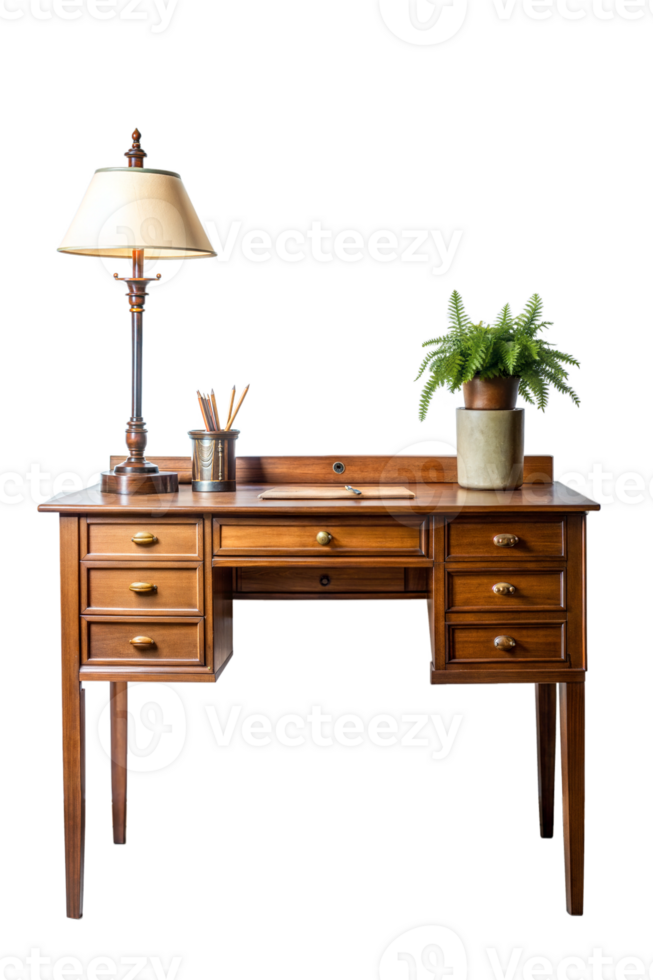 A desk with a lamp and a plant on it png