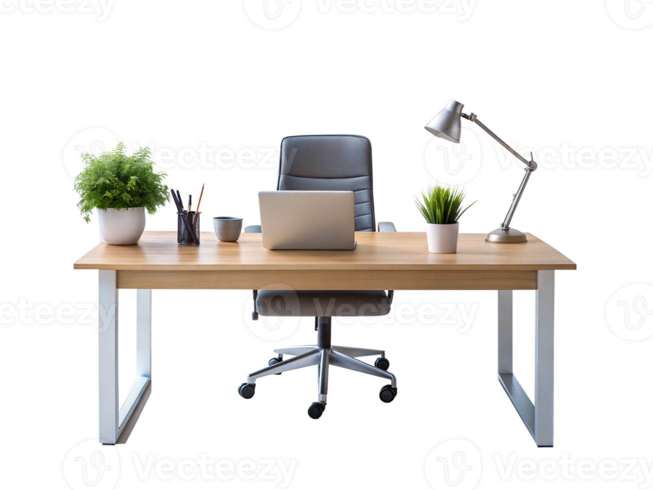 A desk with a laptop, chair and plant png