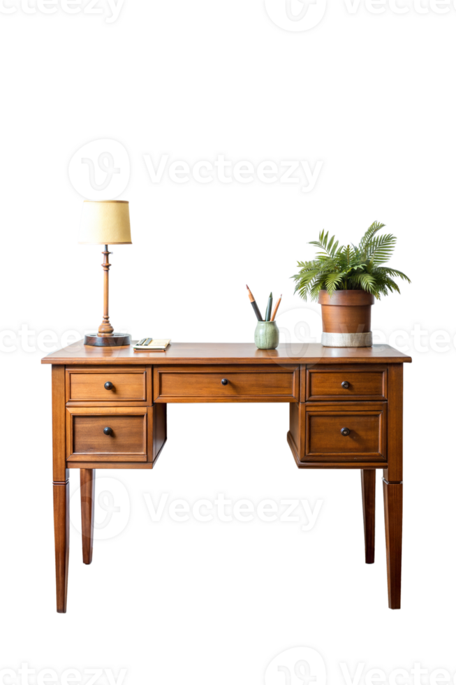 A desk with a lamp and a plant on it png