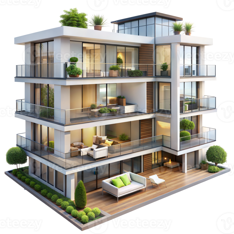 A modern apartment building with balconies and plants png